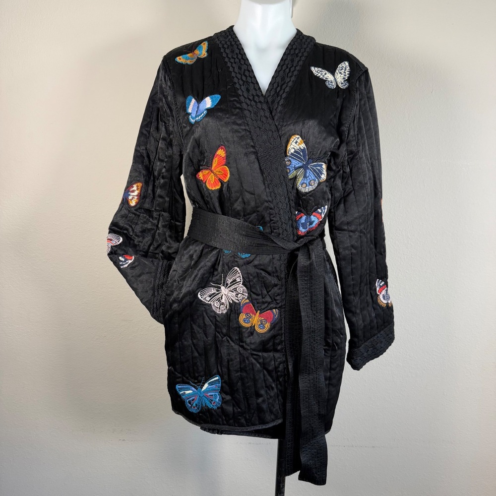 Johnny Was Paradiso Quilted Smoking Jacket M Butterfly Embroidered Silk-Lining